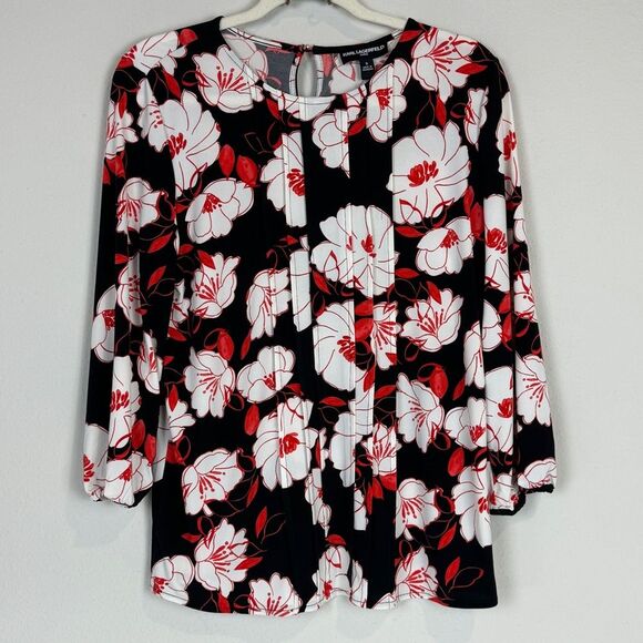 Karl Lagerfeld Tops - Karl Lagerfeld Black White Red Floral Blouse S